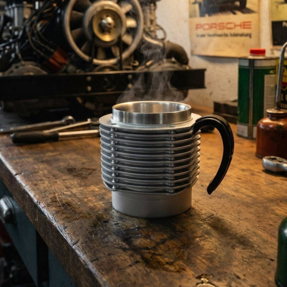 Metallic mug with engine block design on a workshop counter