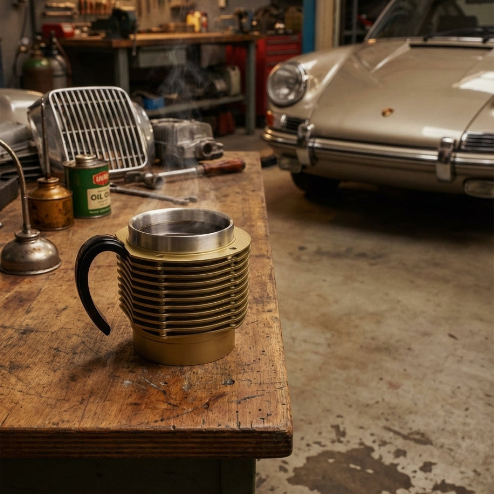 Gold engine block-shaped mug on a wooden table in a garage with a vintage car in the background