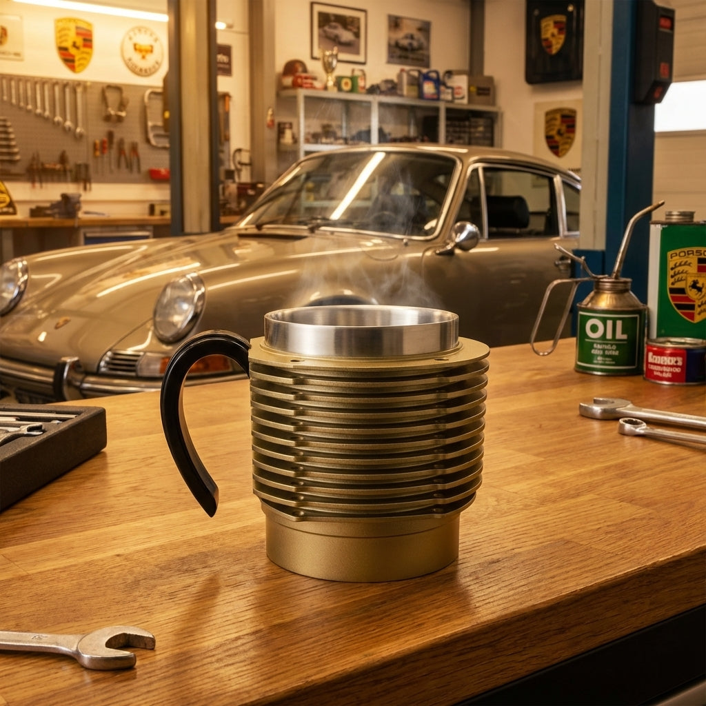 Air-Cooled Engine Finned Coffee Mug | Aluminum Cylinder Mug for Car Enthusiasts | Gold+Black Handle