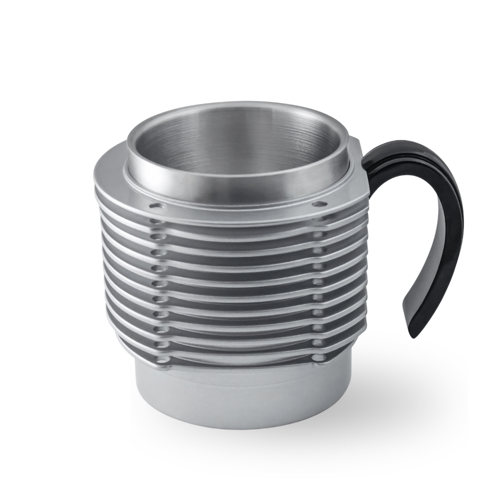 Silver and black air-cooled engine finned coffee mug with machined cooling fins