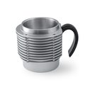 Silver and black air-cooled engine finned coffee mug with machined cooling fins