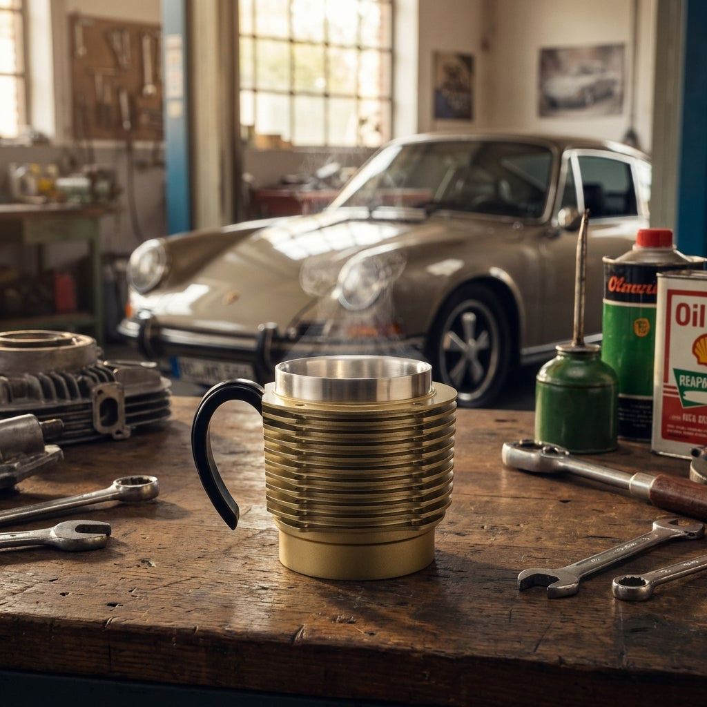 Air-Cooled Engine Finned Coffee Mug | Aluminum Cylinder Mug for Car Enthusiasts | Gold+Black Handle