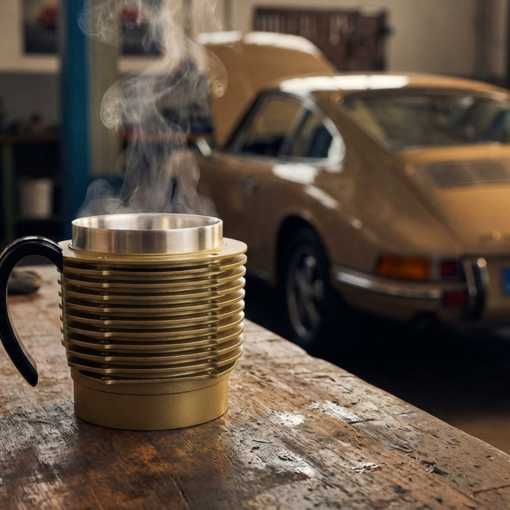 Air-Cooled Engine Finned Coffee Mug | Aluminum Cylinder Mug for Car Enthusiasts | Gold+Black Handle