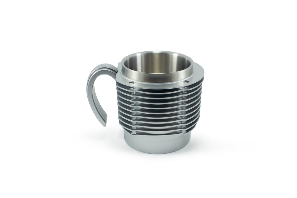 Air-Cooled Engine Finned Coffee Mug | Aluminum Cylinder Mug for Car Enthusiasts | Silver+Silver Handle