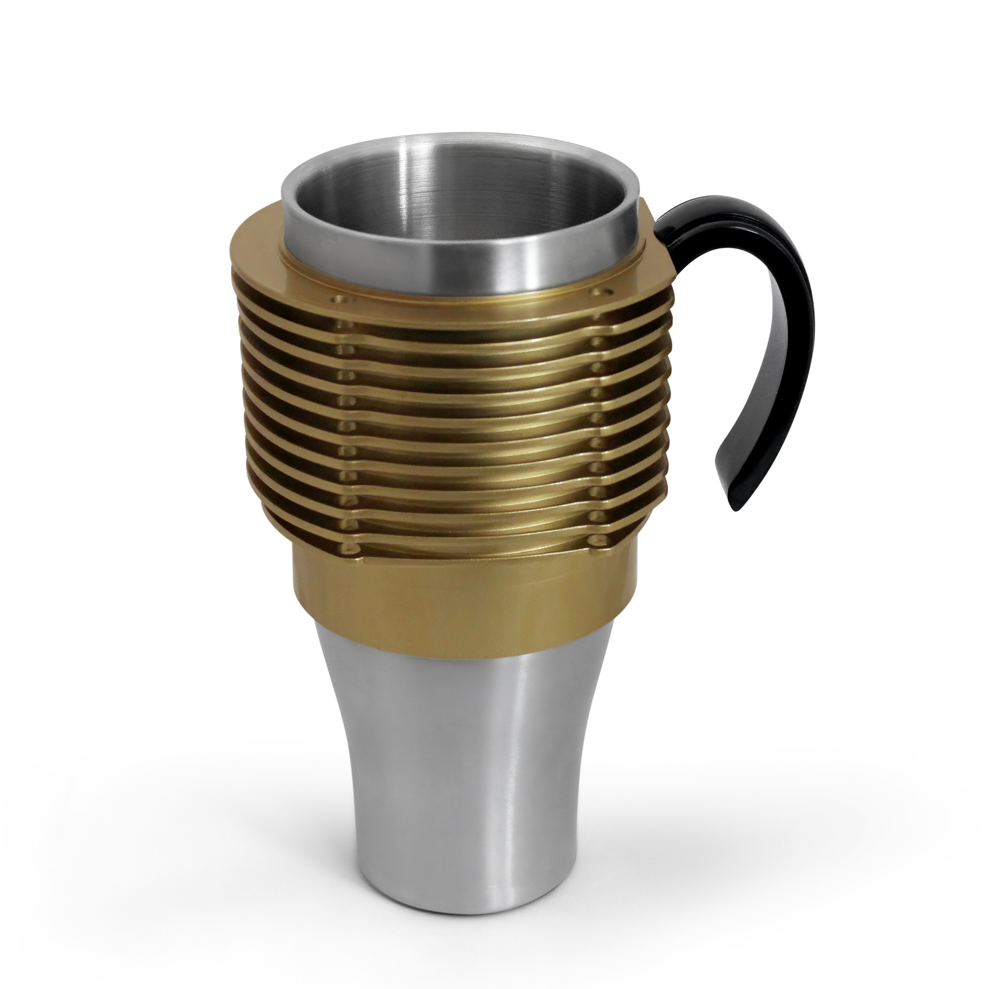 Gold and black air-cooled engine finned coffee mug with cup holder adapter for car cup holders