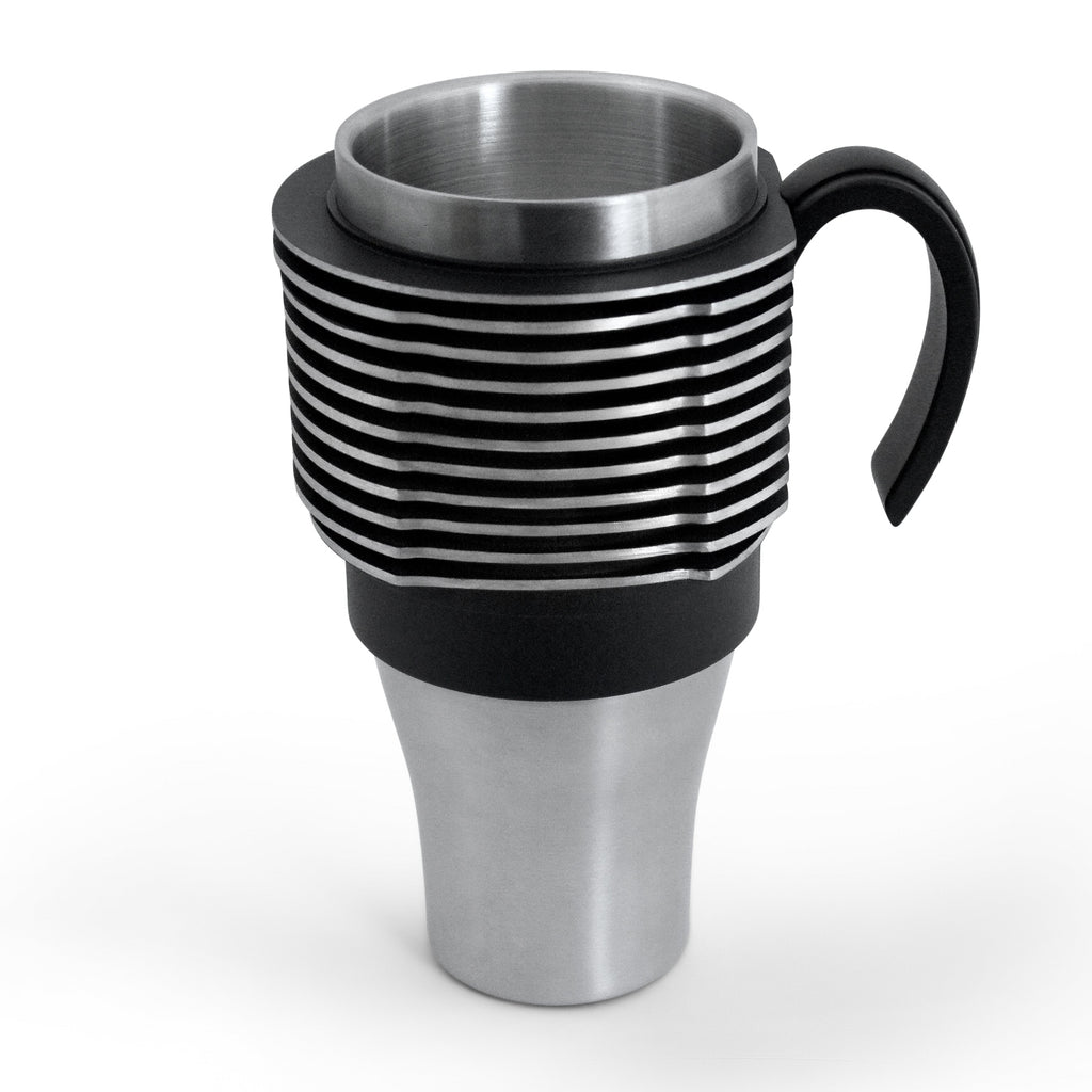 Black air-cooled engine finned coffee mug with cup holder adapter for car cup holders