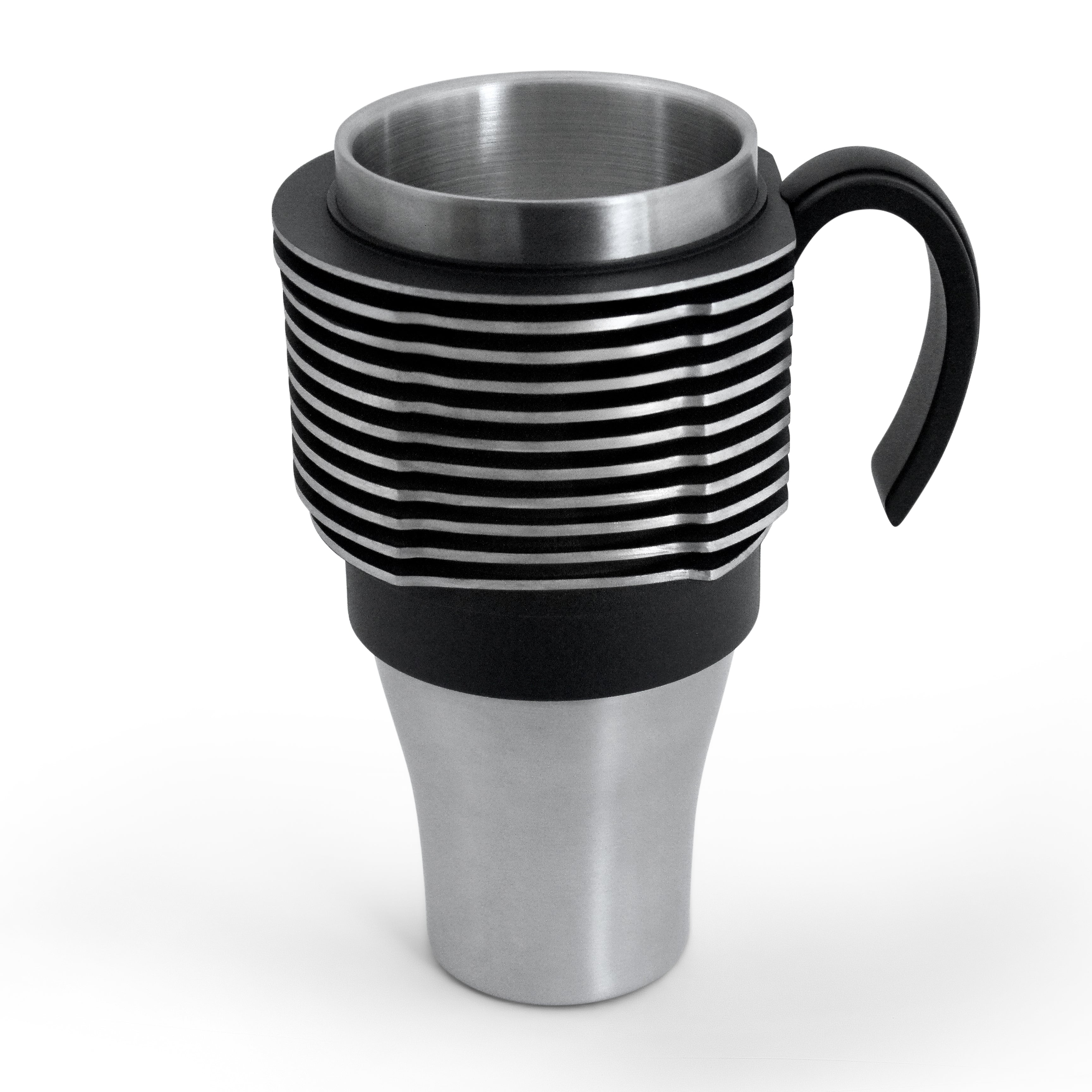 Black air-cooled engine finned coffee mug with cup holder adapter for car cup holders