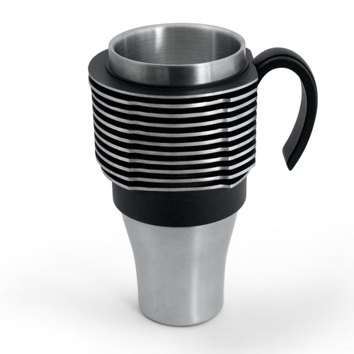 Black air-cooled engine finned coffee mug with cup holder adapter for car cup holders