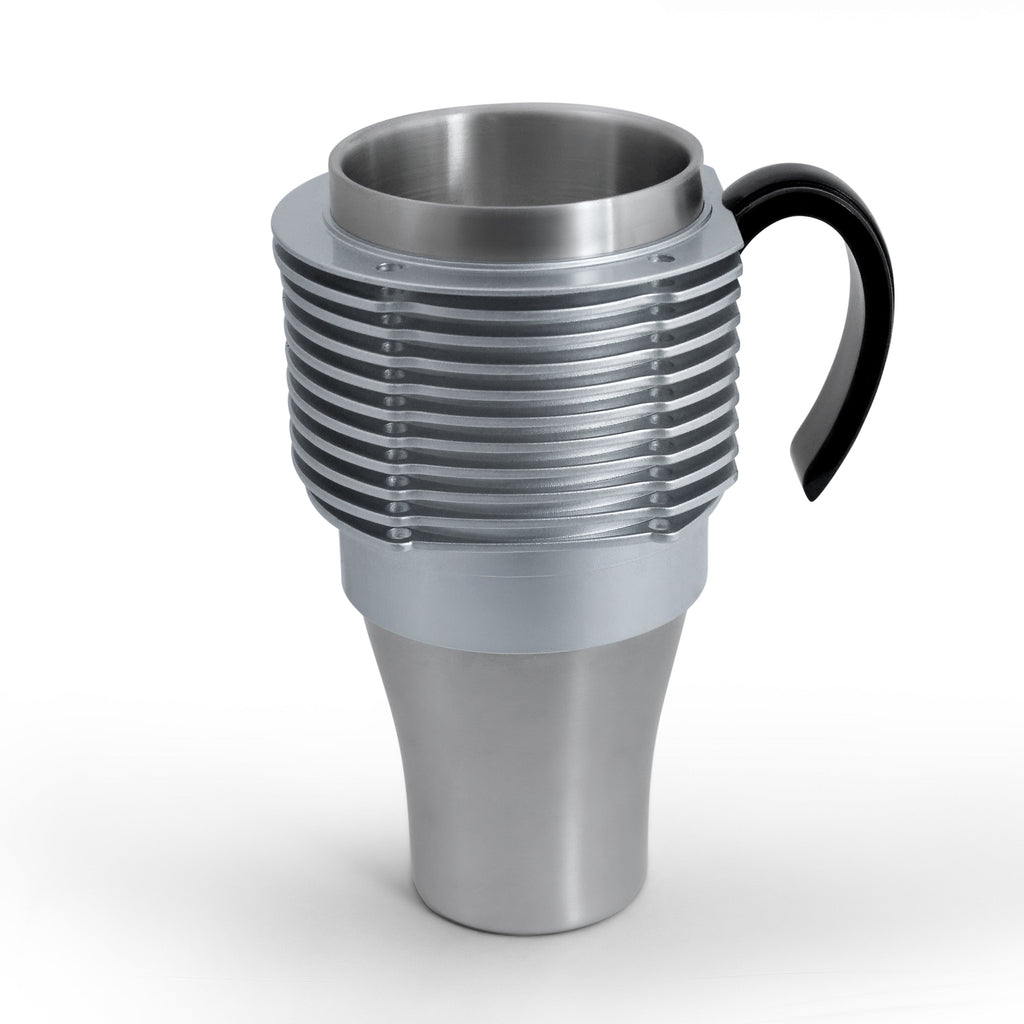 Silver and black air-cooled engine finned coffee mug with cup holder adapter for car cup holders