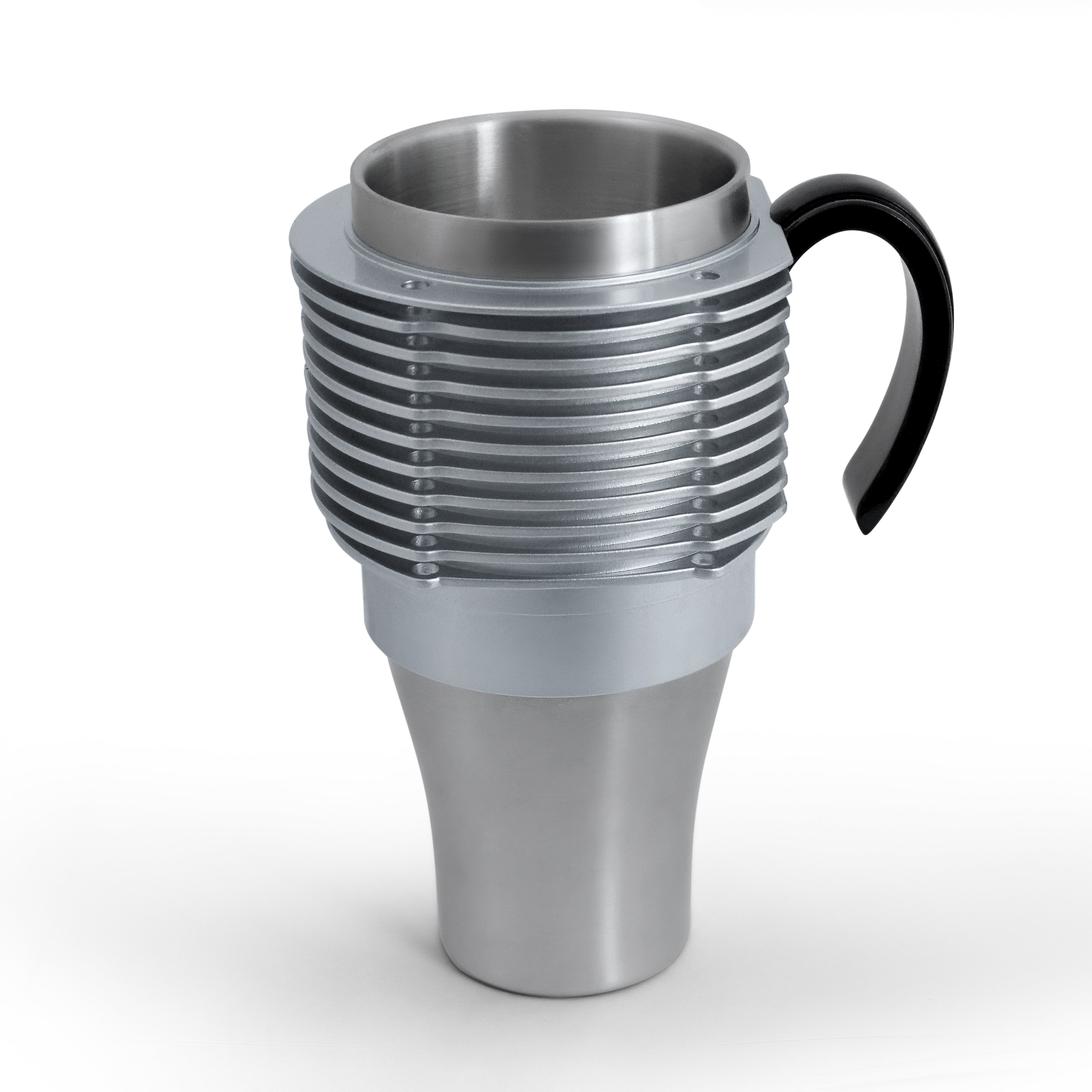 Silver and black air-cooled engine finned coffee mug with cup holder adapter for car cup holders