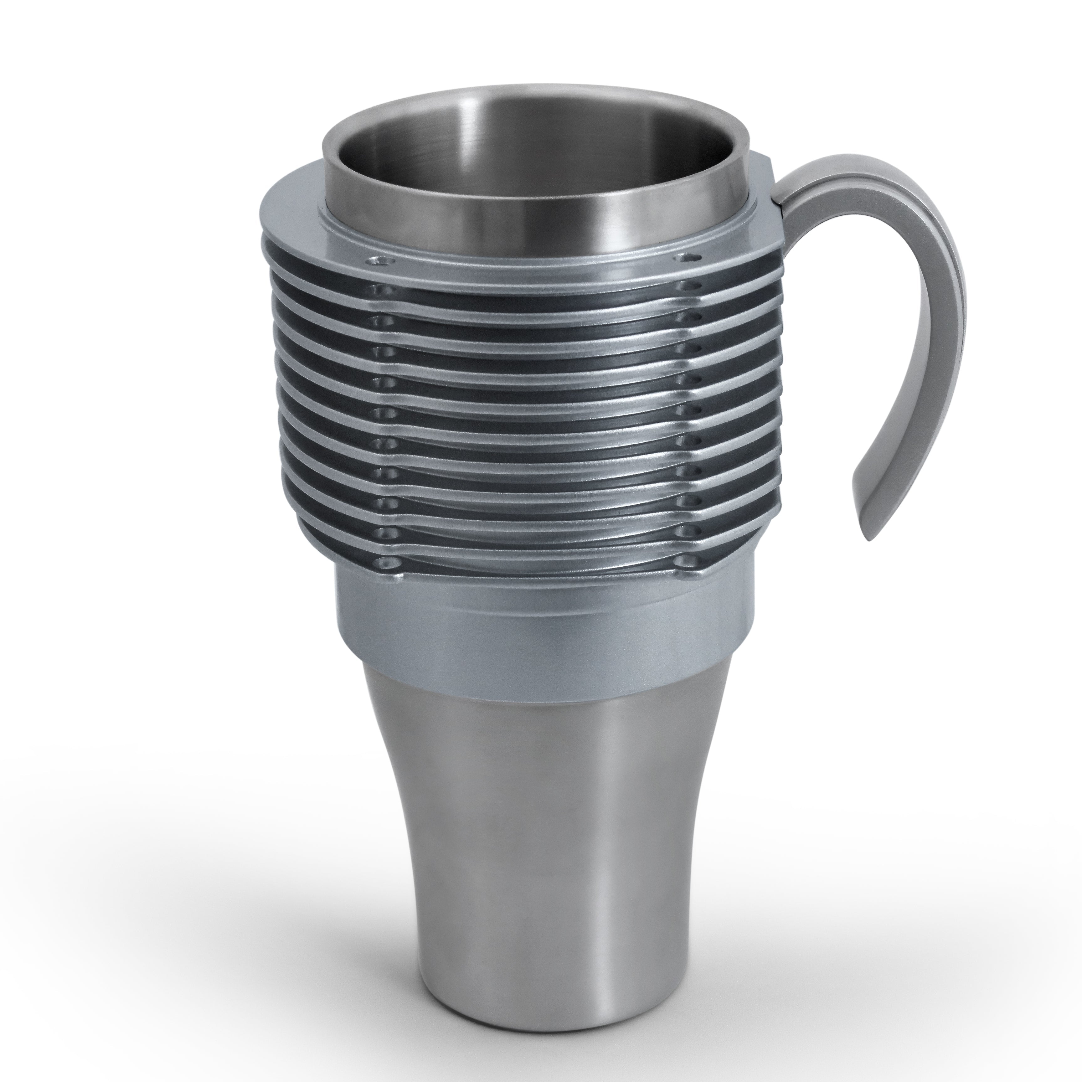 Silver air-cooled engine finned coffee mug with cup holder adapter for car cup holders