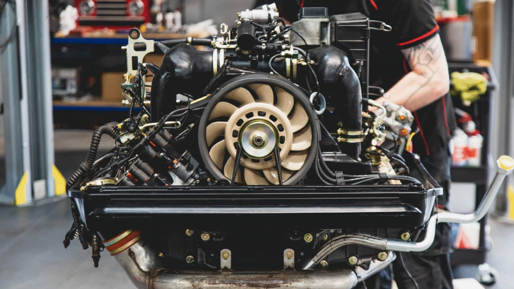 A close-up view of an air-cooled car engine with distinct cooling fins and a large fan, being worked on in a garage setting.